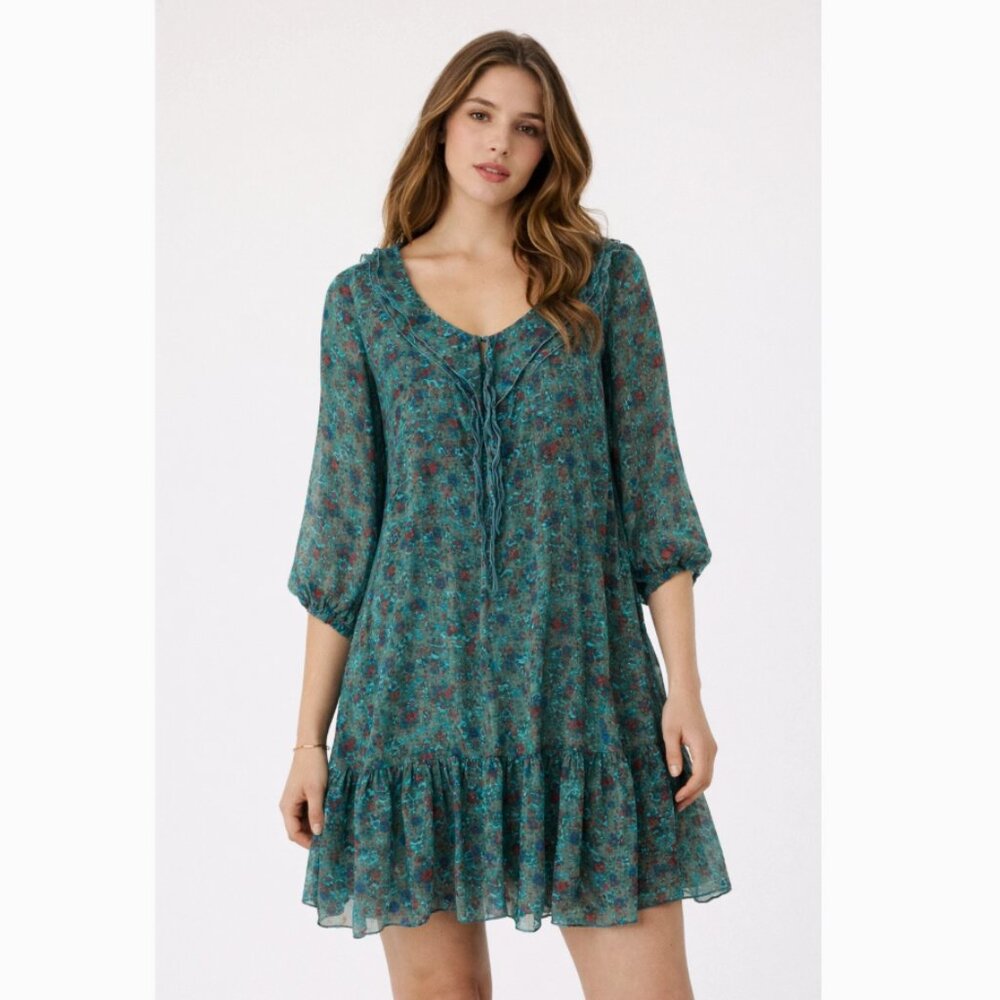 Floral Ruffle Chiffon Sheer Dress V-Neck Long Sleeve Green Womens Medium